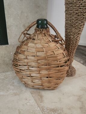 Woven Rattan Demijohn Bottle with Green Glass Neck